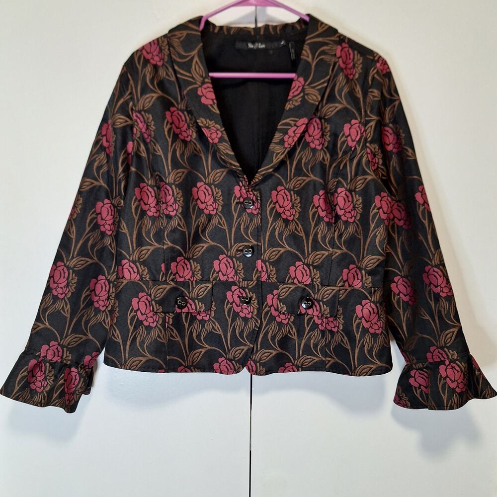 Nic + Zoe Rose Floral 3 Button Blazer with Ruffle Bell Sleeve Womans Size Large